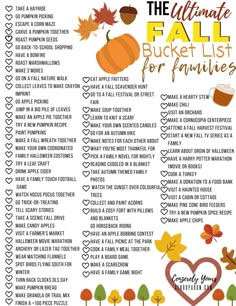 the ultimate fall bucket list for families is shown in this printable poster with autumn leaves, acorns and pumpkins