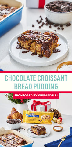 chocolate croissant bread pudding on a white plate