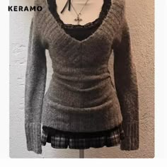 2024 Winter Hotsweet Casual Knitting Long Sleeve Gyaru Pullovers Women Coquette V-neck Solid Color Horror Protagonist, Horror Game Protagonist, Dark Coquette, Early Autumn, Knitted Tops, Swaggy Outfits, Moda Vintage, 가을 패션, Plaid Skirt