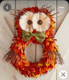 a wreath with an owl face and bow tie is hanging on the side of a door