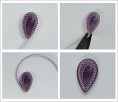 four different pictures showing how to make an origami heart with yarn and scissors