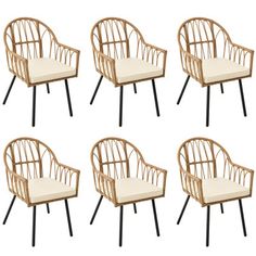 six bamboo chairs with white cushions and black metal legs, all in different shapes and sizes