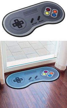 a nintendo wii controller rug is shown next to a door mat with the video game controller on it