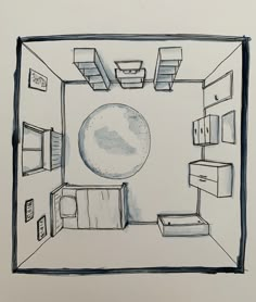 a drawing of a room with shelves and cabinets