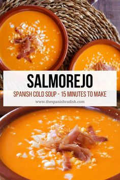 some bowls of salmorejo sit topped with diced hard-boiled egg and some serrano ham Easy Spanish Soup Recipes, Cold Soups, Cold Soups For Summer, Cold Recipes, Salmorejo Recipe, Spanish Soup, Summer Soup Recipes, Cold Soup Recipes, Chilled Soup