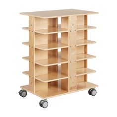 a wooden shelf with wheels and shelves on each side