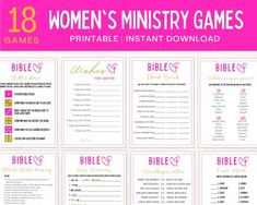 the printable bible game for women's ministry games is shown in pink and gold