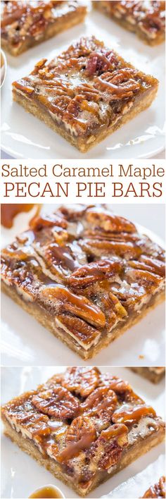 salted caramel maple pecan pie bars on a white plate with text overlay