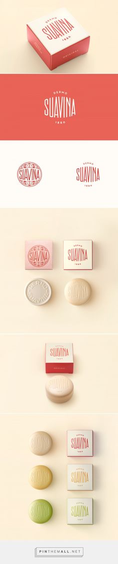 the packaging design for suavina is shown in three different colors and font styles