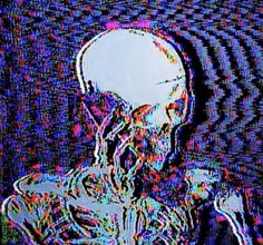 an alien sitting in front of a tv screen with its head turned to the side