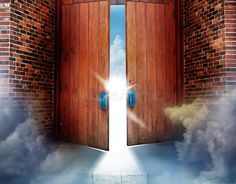 an open door leading to another room in the sky with clouds and sun coming out