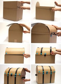 there are many different pictures of a cardboard box with handles and straps attached to it