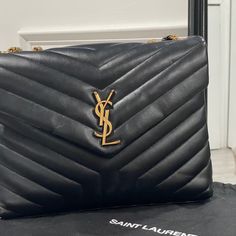 Black Leather And Gold Chain Loulou Medium Bag In Great Condition. Ysl Loulou Bag, Saint Laurent Bags, Medium Bag, Yves Saint Laurent Bags, Bags Black, Medium Bags, Gold Chain, Gold Chains, Yves Saint Laurent