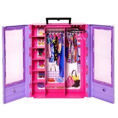 an open pink and purple toy wardrobe with clothes on it's shelves, doors opened to reveal the contents