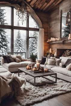 a living room filled with furniture and a fire place in front of a large window