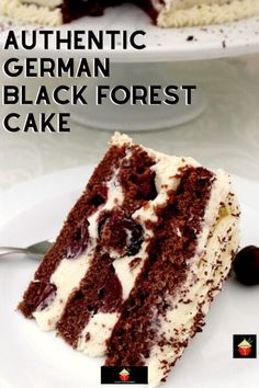 a piece of cake on a plate with the words authentic german black forest cake above it