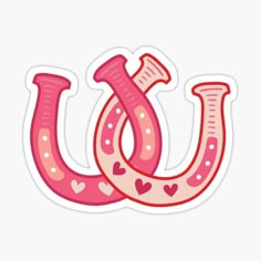 a pink and red sticker with the word u on it