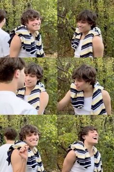 four pictures of a young man laughing and holding something in his mouth while wearing a striped scarf