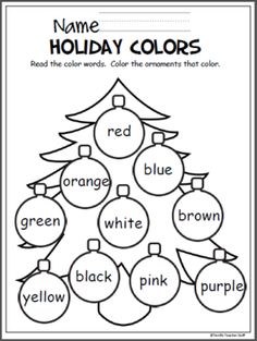 a christmas tree with ornaments on it and the words name holiday colors in red, white, and blue