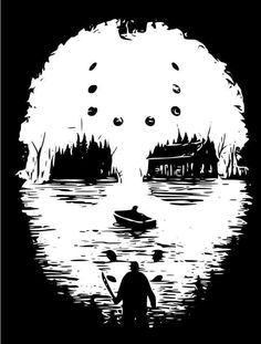 a black and white drawing of a man in a boat on a lake with trees