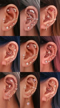 multiple images of different types of piercings in the shape of an ear with flowers on them