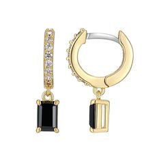 Add a hint of elegance to your look with these stylish Sarafina black cubic zirconia drop huggie hoop earrings. Click on this JEWELRY & WATCHES GUIDE to learn about fit, styles, materials and more! Add a hint of elegance to your look with these stylish Sarafina black cubic zirconia drop huggie hoop earrings. Click on this JEWELRY & WATCHES GUIDE to learn about fit, styles, materials and more! FEATURES Dimensions: 13/16"L x 1/16"W Backings: click-it Nickel free Metal: bronze Plating: 14k gold fla Gold And Black Earrings, Black Earrings Elegant, Earrings Elegant, School Aesthetic, Black Earrings, Huggie Hoop Earrings, Fine Silver, Emerald Cut, Jewelry Earrings Dangle