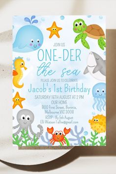 A vibrant under the sea birthday invitation featuring colorful marine life and playful design elements for a child's birthday celebration. One Der The Sea, Sea Themed Birthday Party, Under The Sea First Birthday, Invitation First Birthday, Under The Sea Birthday, Birthday Invitations Kids, First Birthday Invitations, 1st Boy Birthday