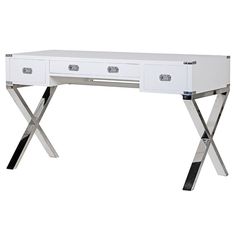 a white desk with two drawers and chrome legs