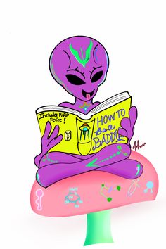 an alien reading a book on top of a mushroom