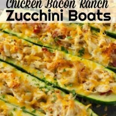 chicken bacon ranch zucchini boats on a baking sheet with the title above it