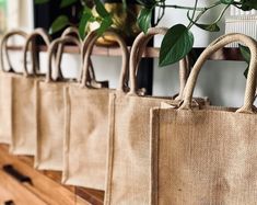 there are many bags lined up on the wall next to each other and one has a plant in it