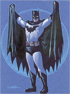 a drawing of the batman standing with his arms out and hands on his hips, in front of a blue background