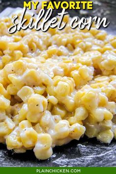 a close up of macaroni and cheese on a pan with the words my favorite skillet