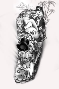 a black and white photo of a mask with cartoon characters on it