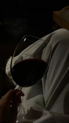 a person holding a glass of red wine in their hand while sitting on a couch