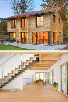 this modern house has stairs leading up to the second floor and is made out of wood