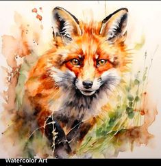 a watercolor painting of a red fox