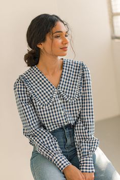 Navy Clothes, Gingham Blouse, Frill Collar, Looks Country, Stripe Blouse, Checked Blouse, Gingham Tops, Gingham Shirt, Modest Fashion Outfits