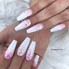 Heavenly Nails, White Coffin Nails, Nails With Glitter, Unghie Sfumate, Pink Glitter Nails, Cute Acrylic Nail Designs, Pink Nail Designs