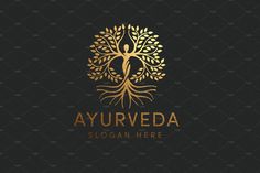 a golden tree logo with the words ayurveda written in gold on a black background