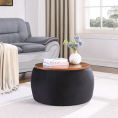 a living room with a couch, chair and coffee table in front of a window