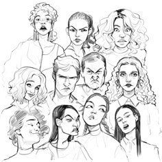 a bunch of people that are drawn in black and white, with one woman's face