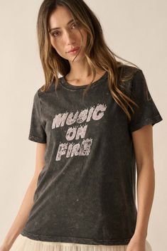 Music on Fire Vintage-Wash Graphic Tee - ShopPromesa Edgy Washed Black T-shirt With Letter Print, Trendy Acid Wash T-shirt For Concert, Edgy Washed Black T-shirt For Spring, Washed Black Band Merch T-shirt With Graphic Print, Music Festival Graphic Tee T-shirt Soft-washed, Acid Wash Band Merch T-shirt With Graphic Print, Faded Washed Band Merch T-shirt, Faded Graphic Tee With Screen Print, Summer Graphic Print Washed Black T-shirt