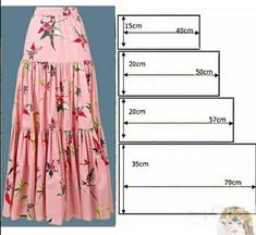 the size and measurements of a women's pink dress with flowers on it, next to an image of a woman's skirt