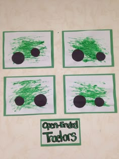 four pieces of paper with green and black paint on them that say open - ended tacos