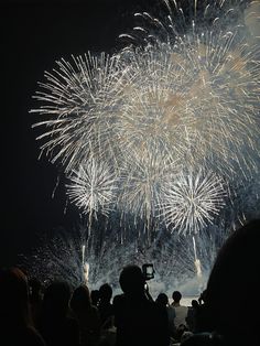 fireworks are lit up in the night sky as people take pictures with their cell phones