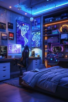 a bedroom with a bed, desk and computer monitor on the wall next to it