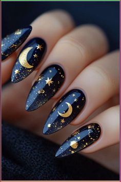 Celestial Nail Art Sticker, Gold Metallic Star Nail Decal, Gold Foil Moon Sun Nail Art, Astronomy Nails, Floral Mythological Totem Nail Art, Nail Decoration, DIY Nails, Cute Nail Stickers, Nail Charm, Nail Accessories, Easy Home Manicure Almond Nails Space Theme, Night And Day Nails, Purple Sky Nails, Night Nails Design, Dark Purple Homecoming Nails, Day And Night Nails, Celestial Nail Art Starry Nights, Purple Celestial Nails, St Valentin Nails