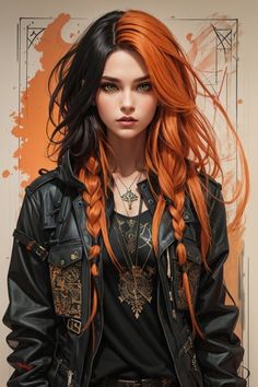 a woman with long red hair and black leather jacket standing in front of an orange background