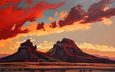 a painting of mountains with clouds in the sky and water on the ground at sunset